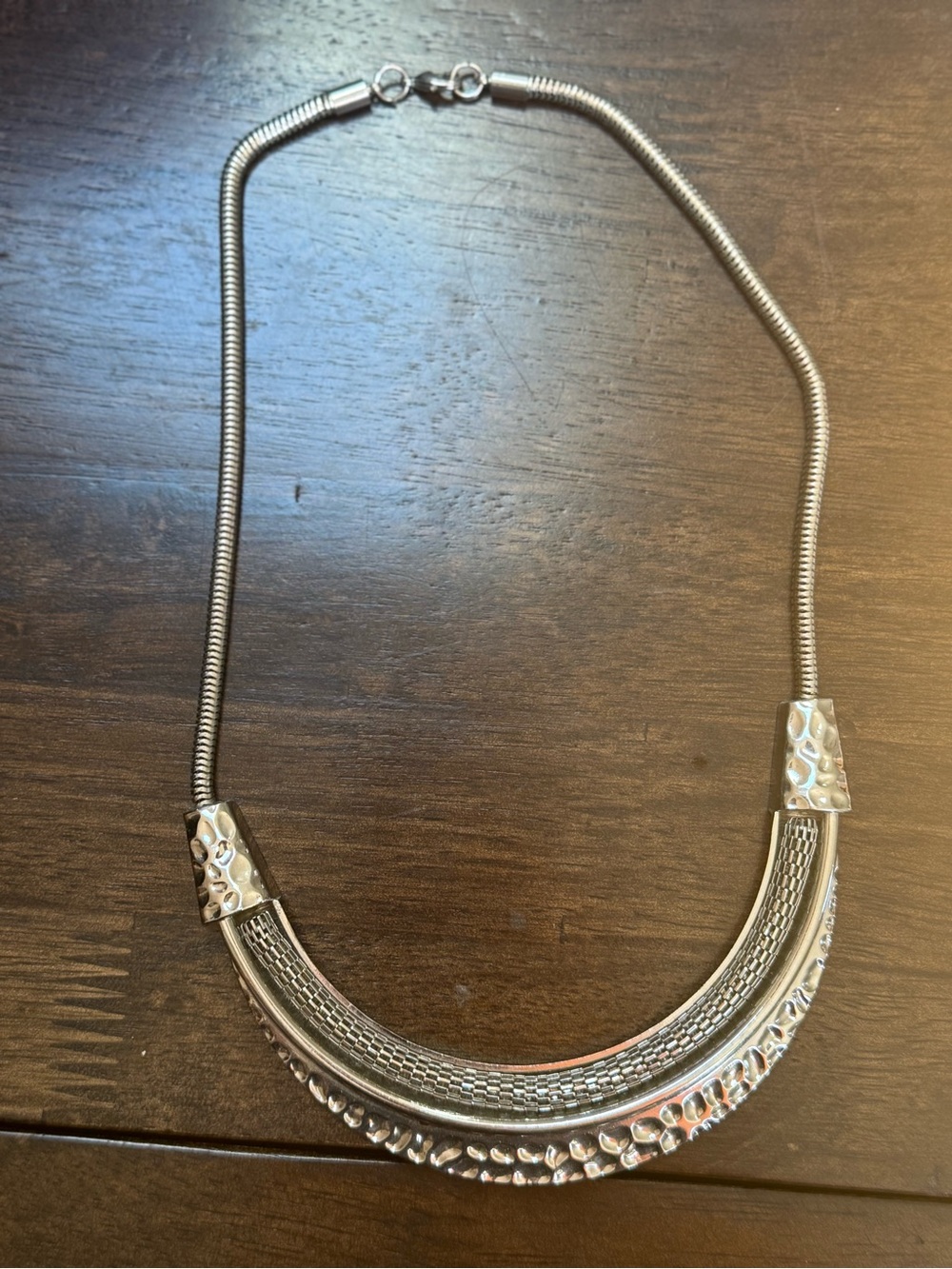 Vintage Silver Hammered Crescent Necklace - Silver